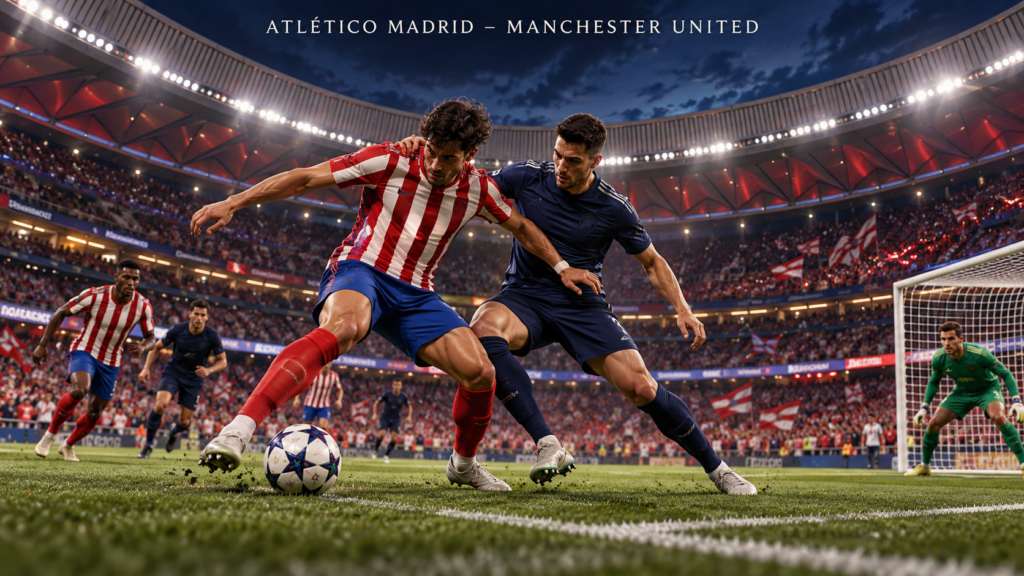 Atletico Madrid–Manchester United – AI-val készült futballmérkőzés-illusztráció