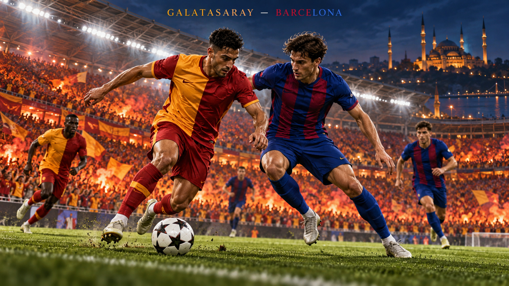 Galatasaray–FC Barcelona – AI-val készült futballmérkőzés-illusztráció
