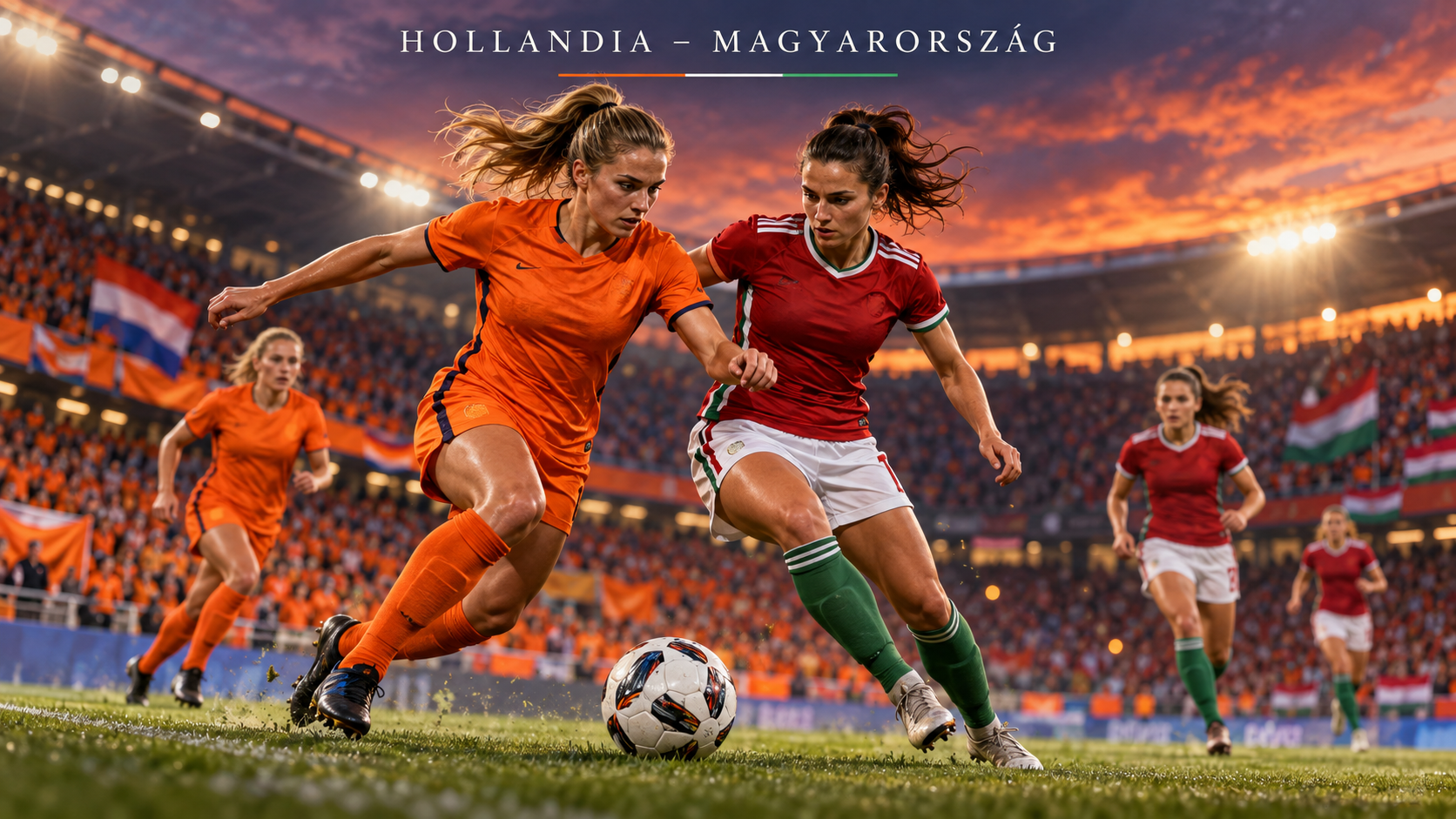 Hollandia–Magyarország – AI-val készült futballmérkőzés-illusztráció