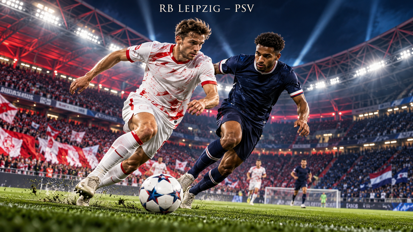 RB Leipzig–PSV Eindhoven – AI-val készült futballmérkőzés-illusztráció