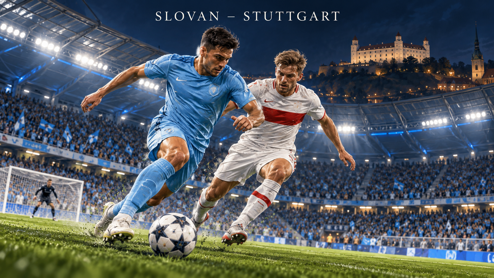 Slovan Bratislava–VfB Stuttgart – AI-val készült futballmérkőzés-illusztráció